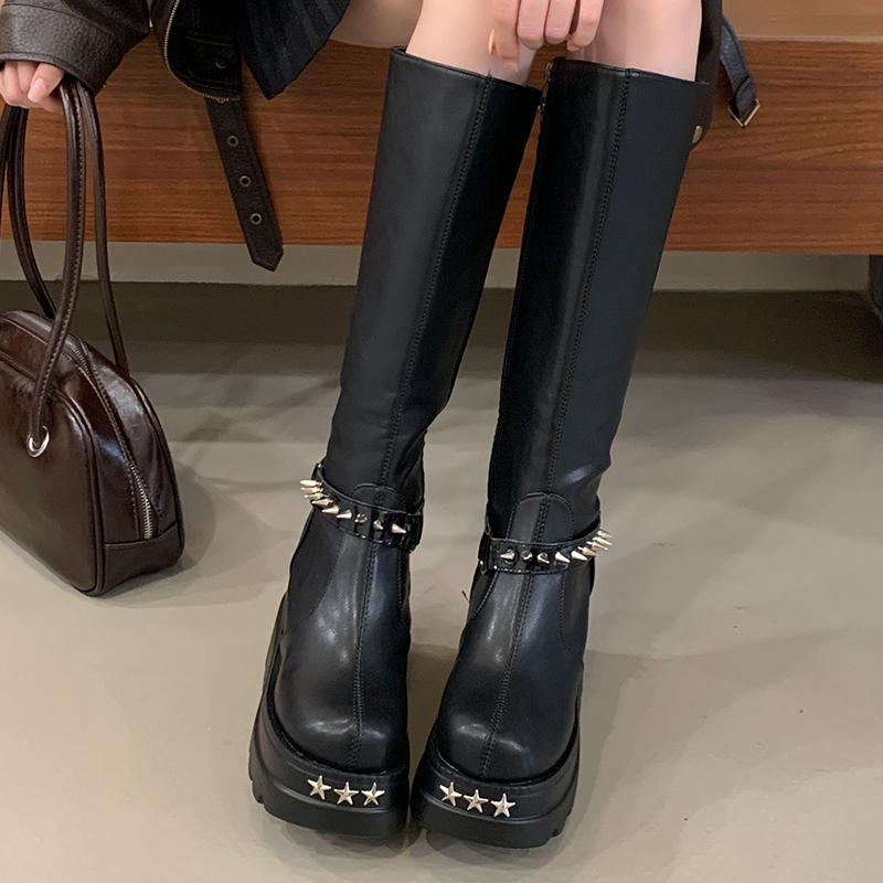 Women Knee High Boots Winter Platform Women Thigh High Boots Fashion Belt Buckle Long Booties Vintage Square Ladies Shoes