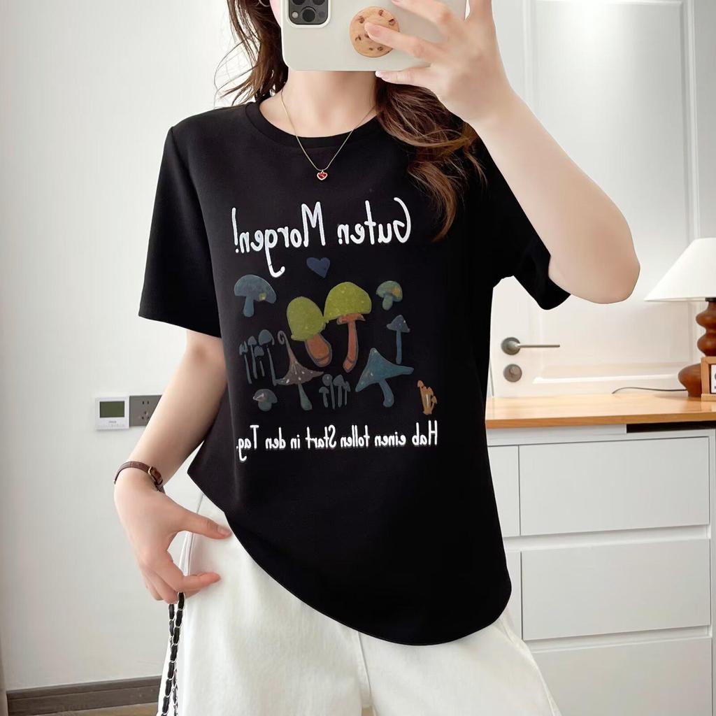 2026 New Summer Cartoon Mushroom Print Women's Round Neck Plus Size Casual Half Sleeve T-shirt