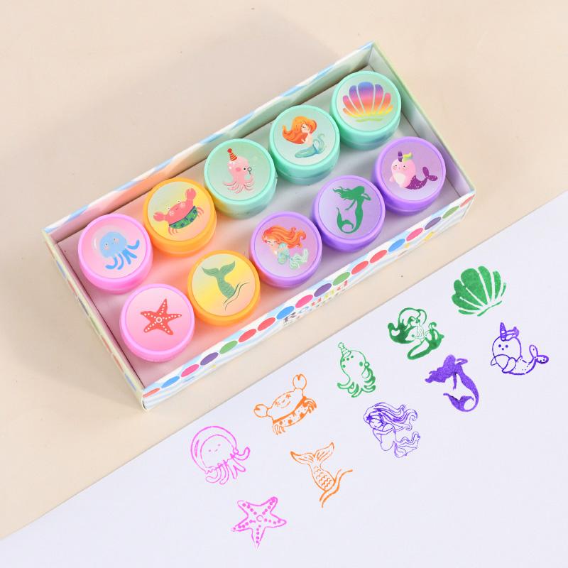 10Pcs Cartoon Self-ink Stamps Unicorn Mermaid Pattern Kids Birthday Party Favors Gift Toys DIY Scrapbook Decoration Supplies