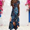 Women Plus Size V Neck Short Sleeve Floral Printed Navy Blue Straight Maxi Dress