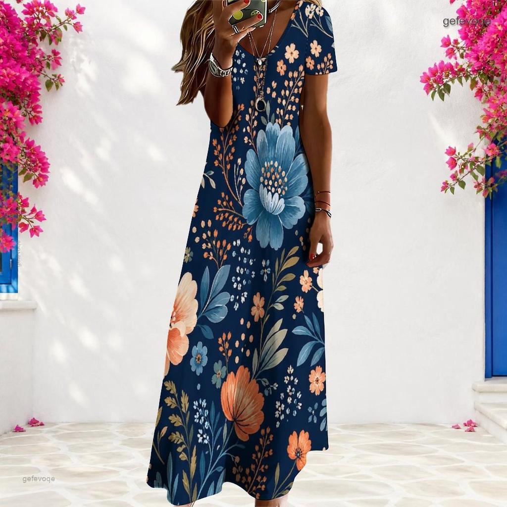 Women Plus Size V Neck Short Sleeve Floral Printed Navy Blue Straight Maxi Dress