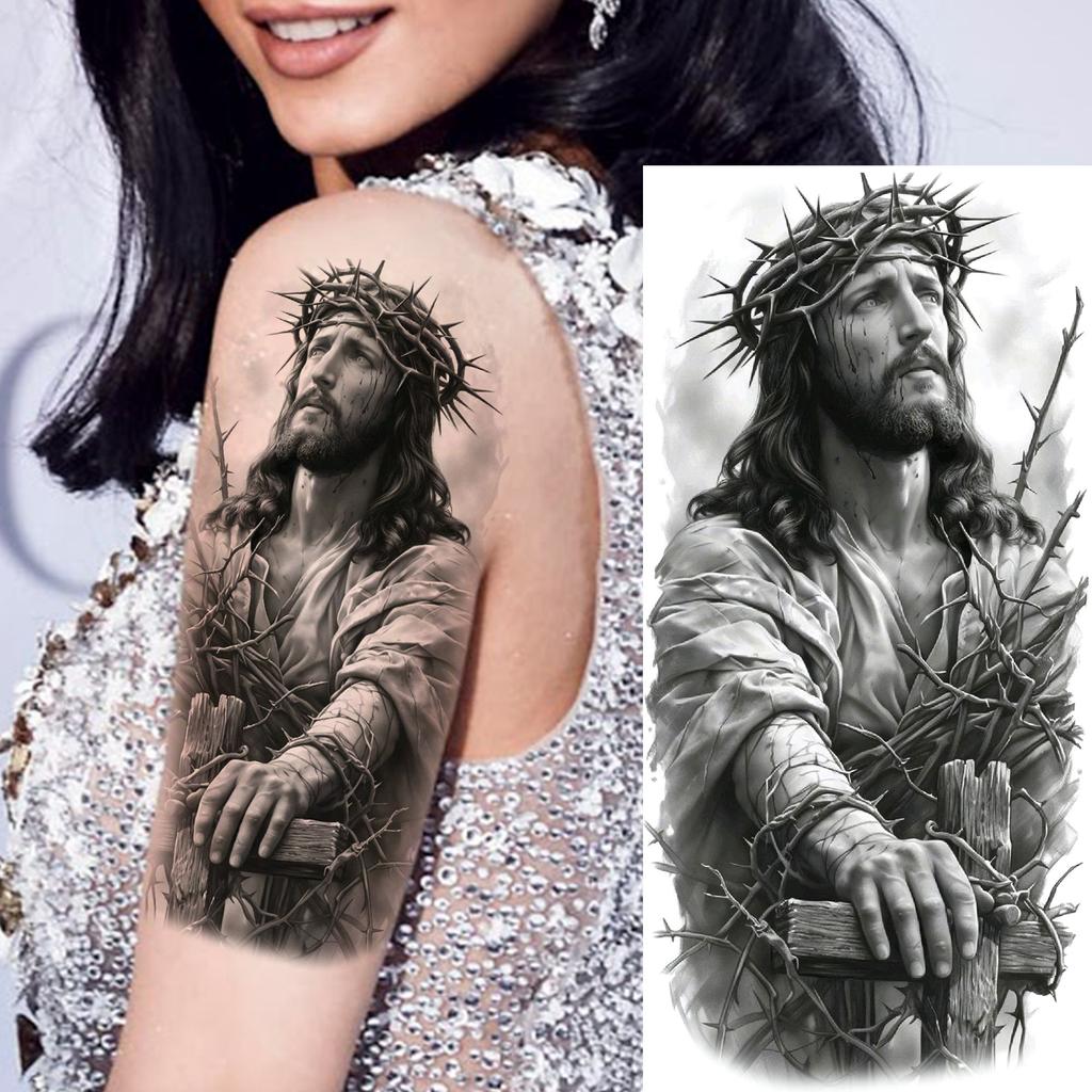 1 Sheet Jesus Pray With Cross Thorn Temporary Tattoos For Men Women Adults, Long Lasting Waterproof 3d Temp Fake Tattoo Sticker