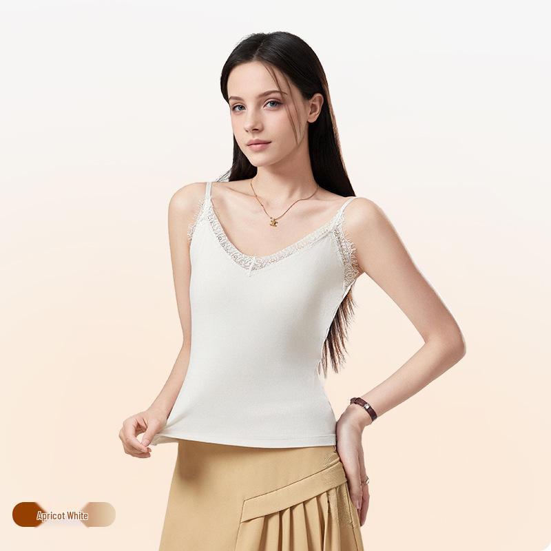 

Женская бархатная кружевная майка класса А: Без косточек, Высокоэластичный, Утягивающий, Вязаный теплый жилет с V-образным вырезом (Осень зима). L (110-130 lbs) абрикосовый/белый