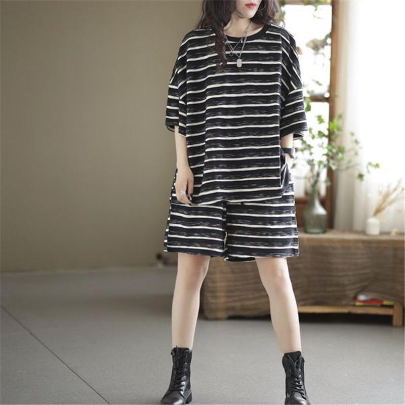 Women's Striped 2 Piece Outfits Casual Loose Short Sleeve T-shirt & Shorts Set Summer Loungewear Plus Size Homewear