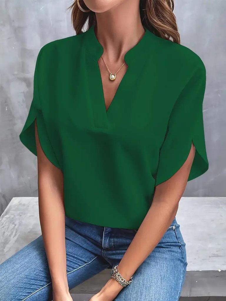 2024 Summer Fashion Women's V-neck Loose Solid Color Casual Top