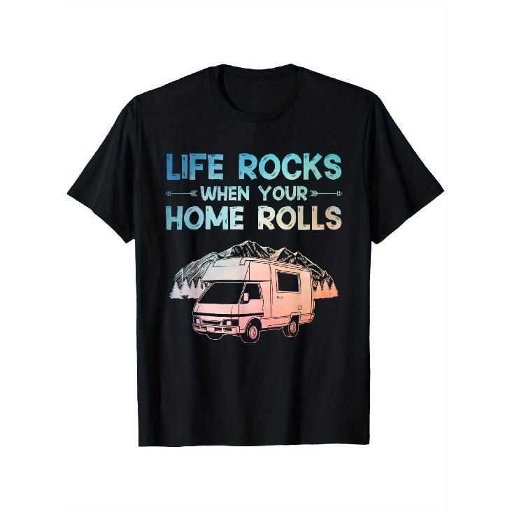 Men S & Women S Funny RV Camper Van T-Shirt - Life Rocks When Your Home Rolls Slogan & Retro Camper Van Graphic, Loose-Fit All-Season Comfort, S чёрный