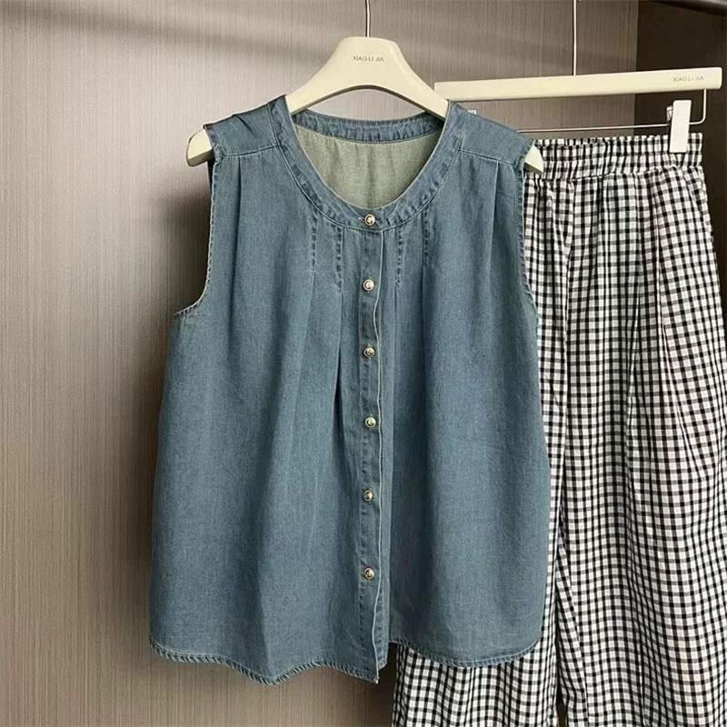 Women Suit 2PC Set Cotton T-shirt and Pants Sleeveless Shirt Denim Jean Oversize Loose Casual Summer Suit Two Pieces Top Pants