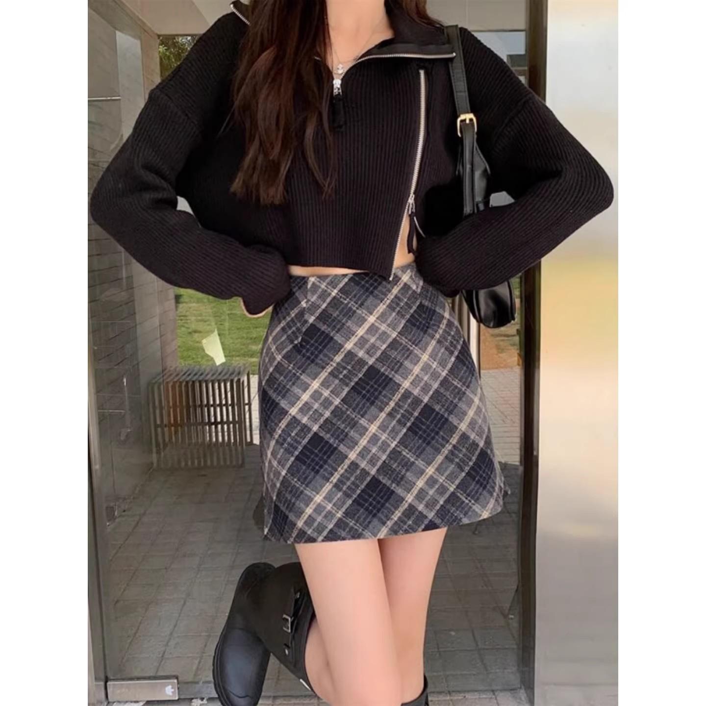 Plus Size Retro High Waist Plaid Wool Blend A-line Skirt – Autumn/Winter Slimming Hip-hugging Style 2XL (approx. 128-138 lbs)