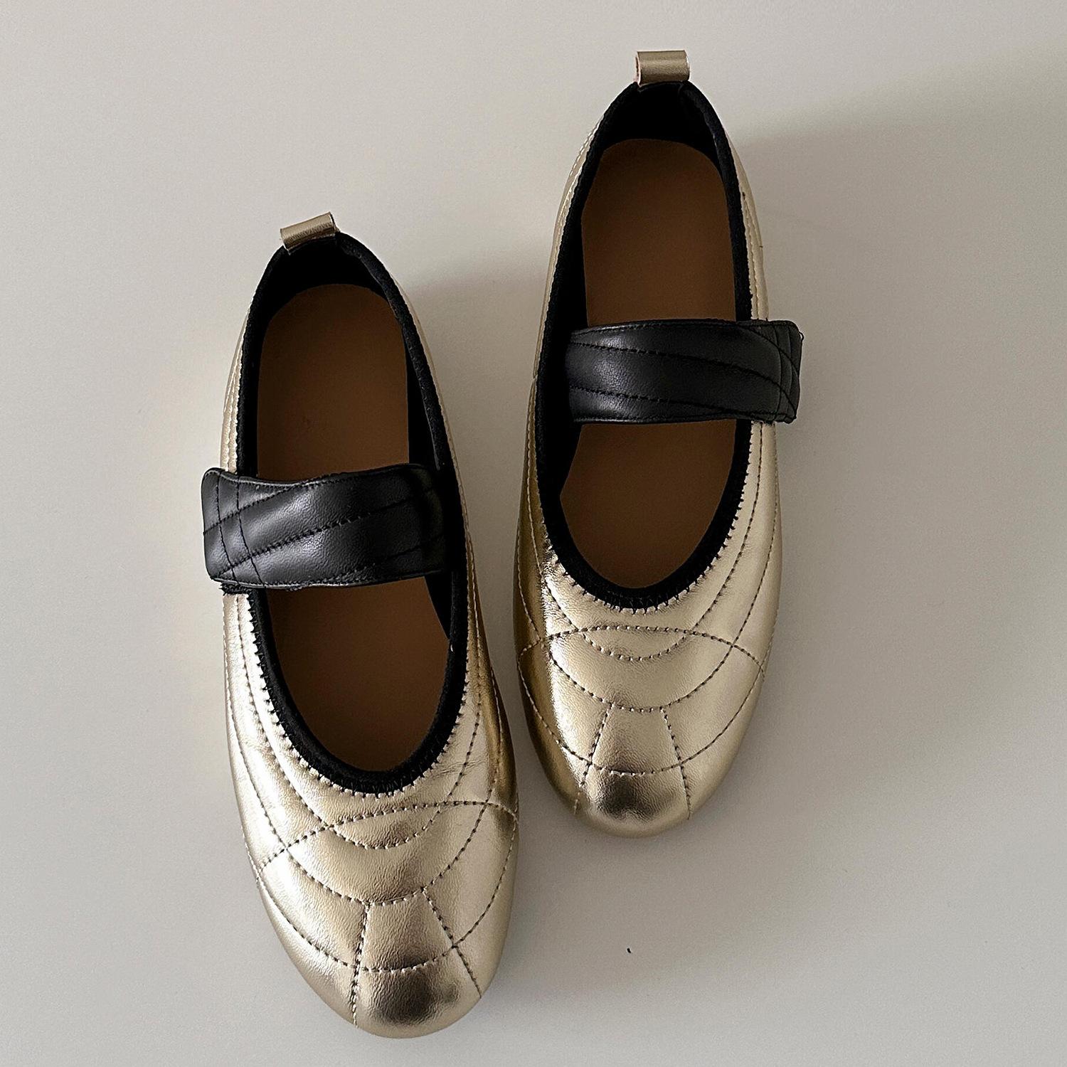 

Sheepskin version~ Leather round head Velcro Mary Jane shoes women s comfortable soft-soled color matching ballet shoes light mouth single shoes 40 золотой