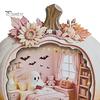 Indoor Fall Seasonal Ornament Halloween Ghost Pumpkin Wooden Plaque, 2D Flat Tabletop Sign, Rustic Farmhouse Autumn Decor Spooky Bathing Reading