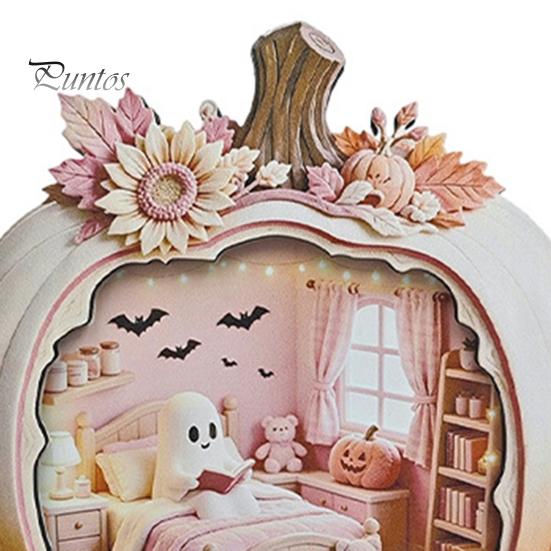 Indoor Fall Seasonal Ornament Halloween Ghost Pumpkin Wooden Plaque, 2D Flat Tabletop Sign, Rustic Farmhouse Autumn Decor Spooky Bathing Reading