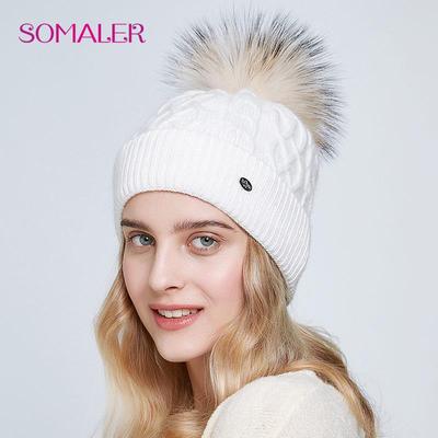 Womens Winter Warm Knitted Hats with Fur Pompom Soft Angora Wool Cuff Twist Dome Beanie Female Solid Color Skull Cap