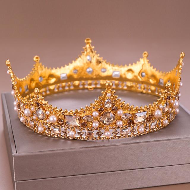 Vintage Gold Royal Crown Round Tiara Bride Head Jewelry Pearl Crystal Hair Accessories Wedding Crown Ornaments Headband Diadem