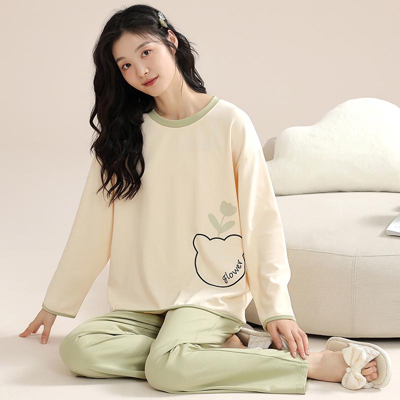 Ensemble Pyjama Automne/Hiver pour Femme: Coton à manches longues, Style coréen, Design mignon de dessin animé d'ours au thé au lait
