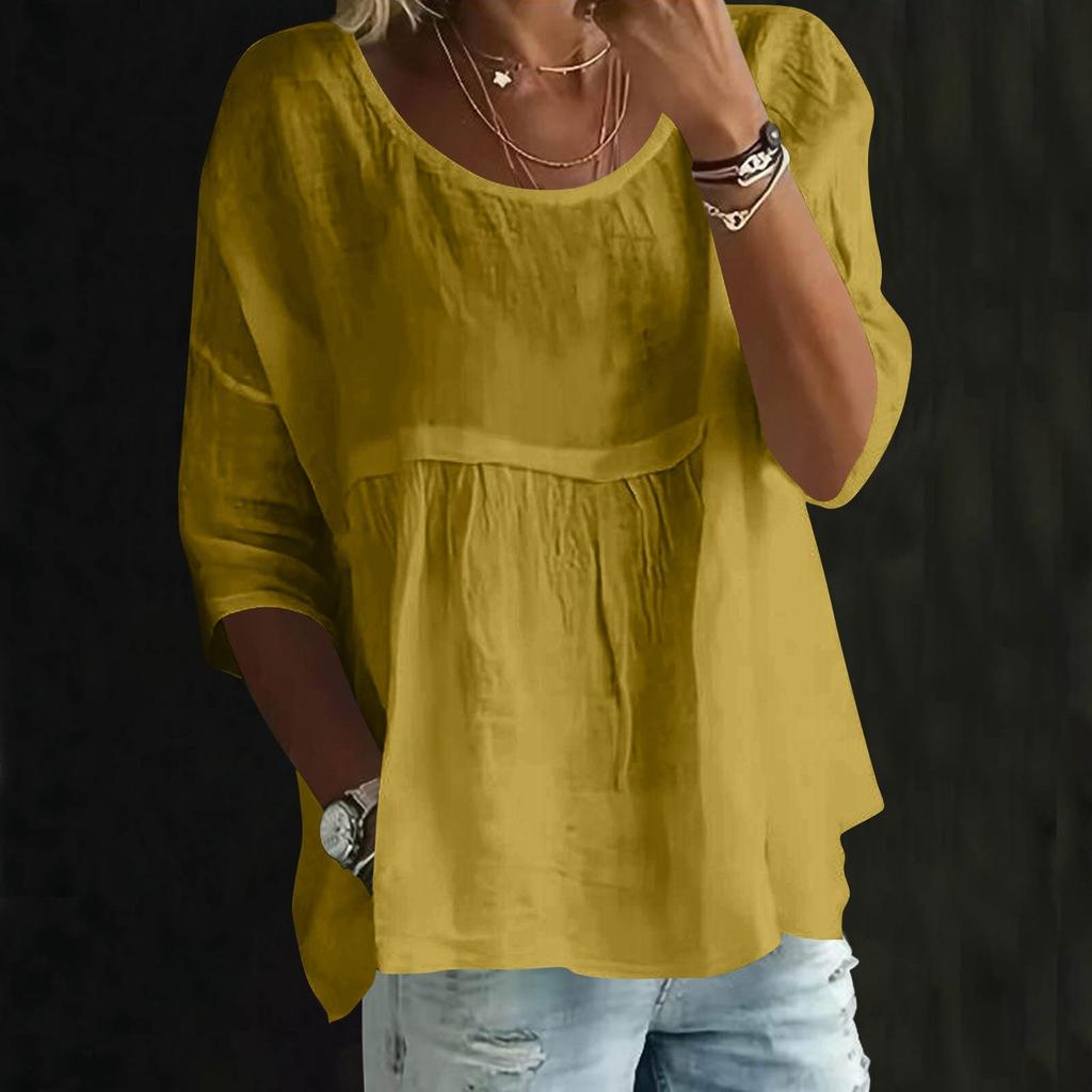 Womens Fashionable Solid Color Round Neck Three-quarter Sleeve Loose Round Neck Top