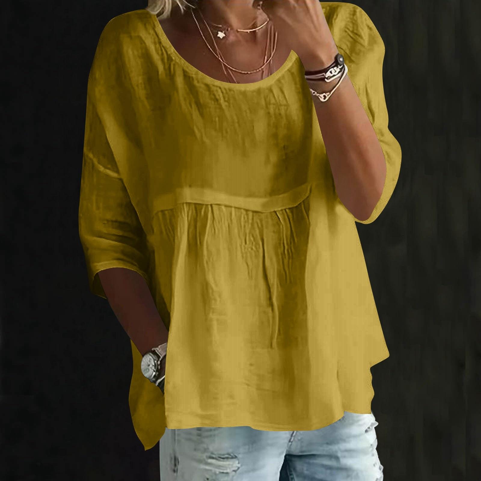 

Женская модная однотонная футболка с круглым вырезом, рукавом три четверти и свободным кроем XXL жёлтый