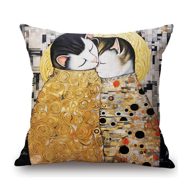 Gold Yellow Lovely Cat Kitten Oil Painting Modern Art Home Decoration Sofa Throw Pillow Case Cotton Linen Square Cushion Cover