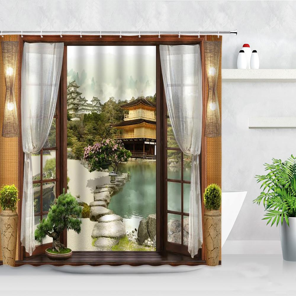 Fleurs Rouges Porte Grecque Bleue Avec Vue Sur Mer Sur Île Rideaux de Douche Tissu Imperméable Ensemble de Rideaux de Salle de Bain Décoration de Baignoire pour la Maison