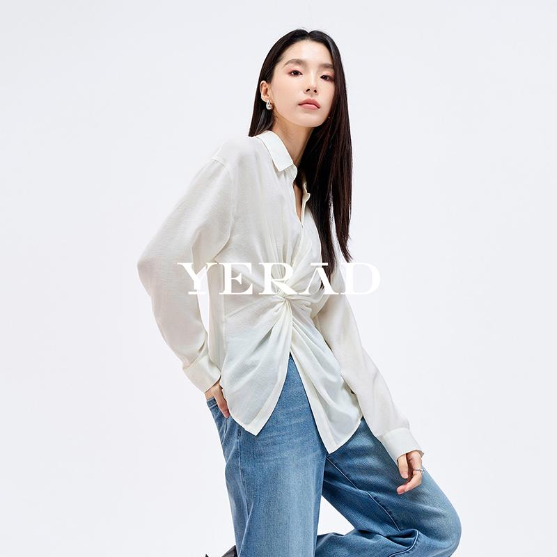 Commuting acetate twisted blue shirt for women's tourism vacation French long sleeved shirt