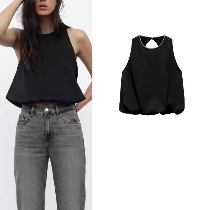 Fall and Winter New Women's Clothing Fashion Wind Open Back Balloon Version round Neck Sleeveless Short Tops 9647606