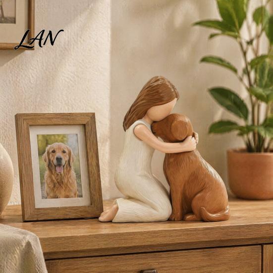 Girl Hugging Dog Statue Resin Figurine, Hand-Painted Pet Companion Sculpture, Brown Black Memorial Figurine Desktop Ornament, Remembrance Gift