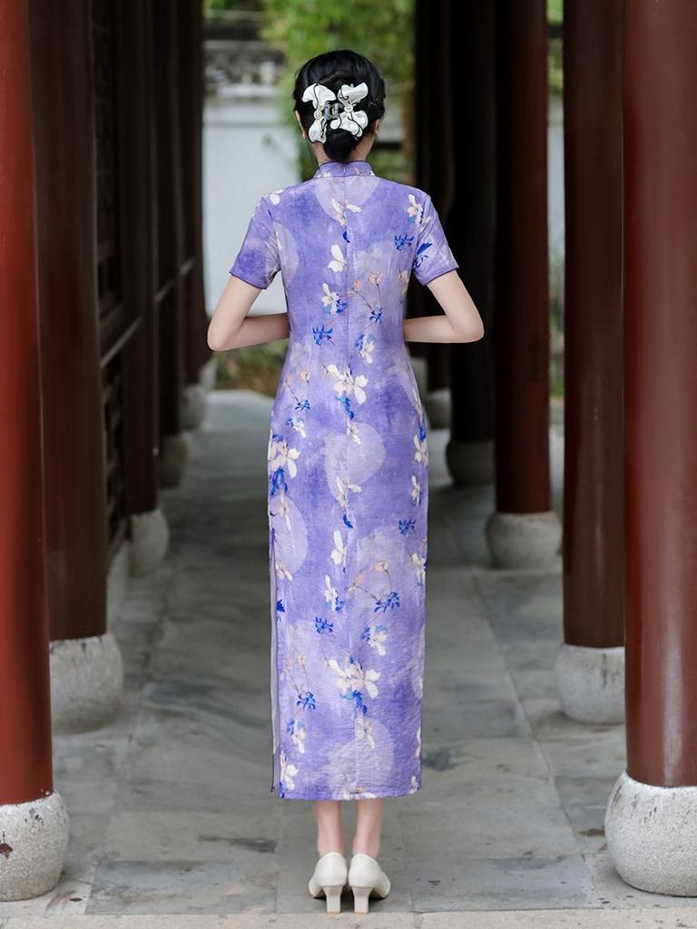 2024 Spring/Summer Elegant Retro Double-Layer Silk & Linen Short-Sleeve Cheongsam Dress