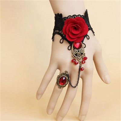 Elegant Gothic Style Lace Red Rose Bracelet With Adjustable Finger Ring