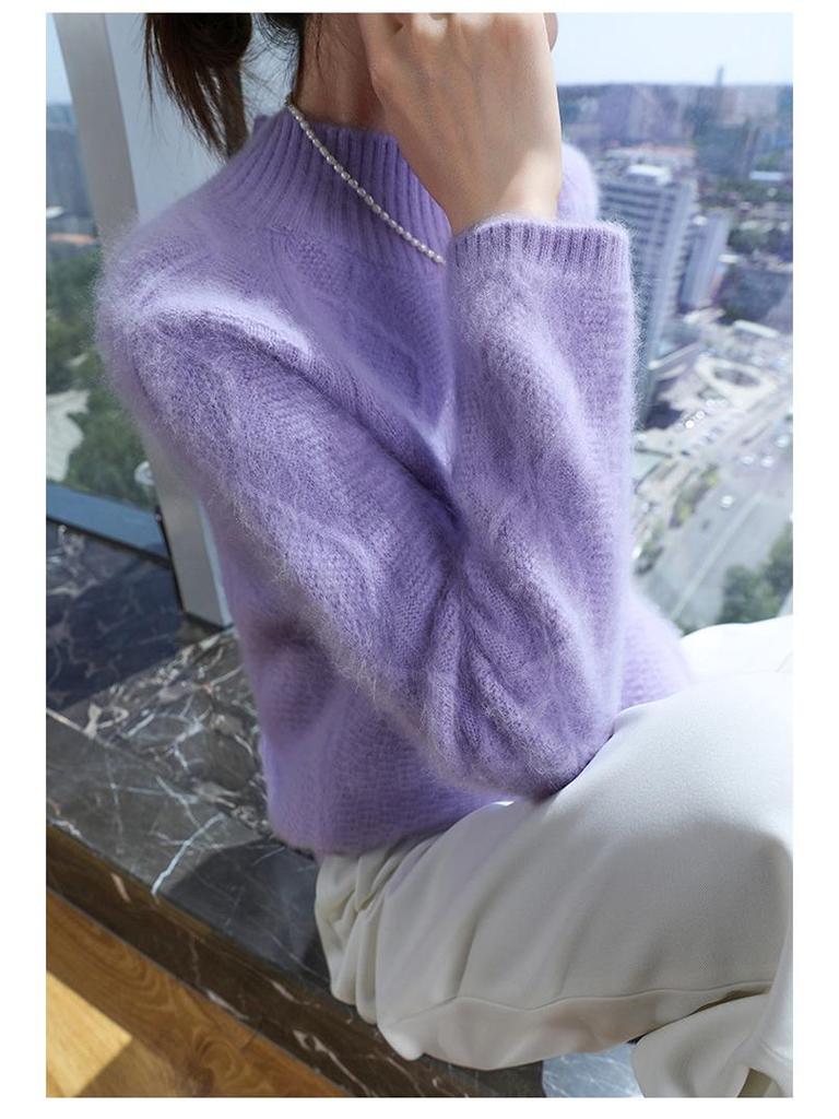 Women's Mink Cashmere Sweater, Semi-High Neck, Thick Loose Knit Pullover