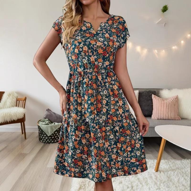 2024 Dámské elegantní šaty s V-výstřihem, krátkým rukávem a potiskem, s elastickým pasem