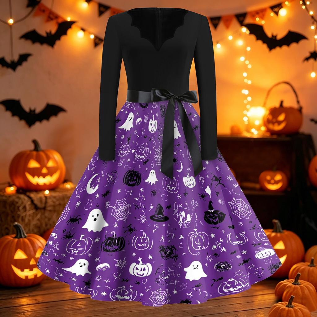 Women's Casual Halloween Print V Neck Retro Dress Long Sleeve Fit and Flare Midi Dress with Waist Tie Vintage Style
