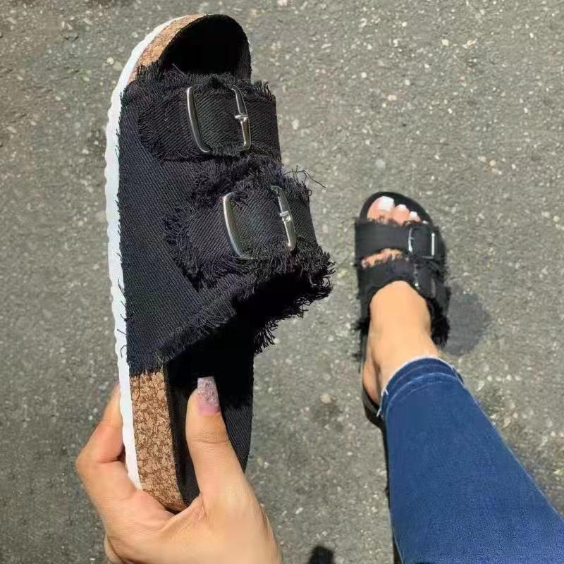 Summer new flat-bottomed slippers women's summer new large-size belt buckle one-word canvas cool slippers
