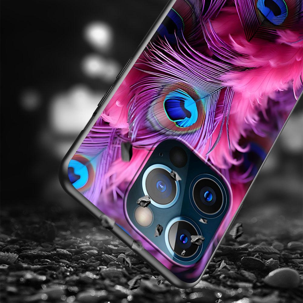 Peacock Feathers Case for Apple iPhone 14 11 7 SE 2020 8 X XS 13 12 Mini XR 15 Pro Max Silicone Black Soft Phone Cover