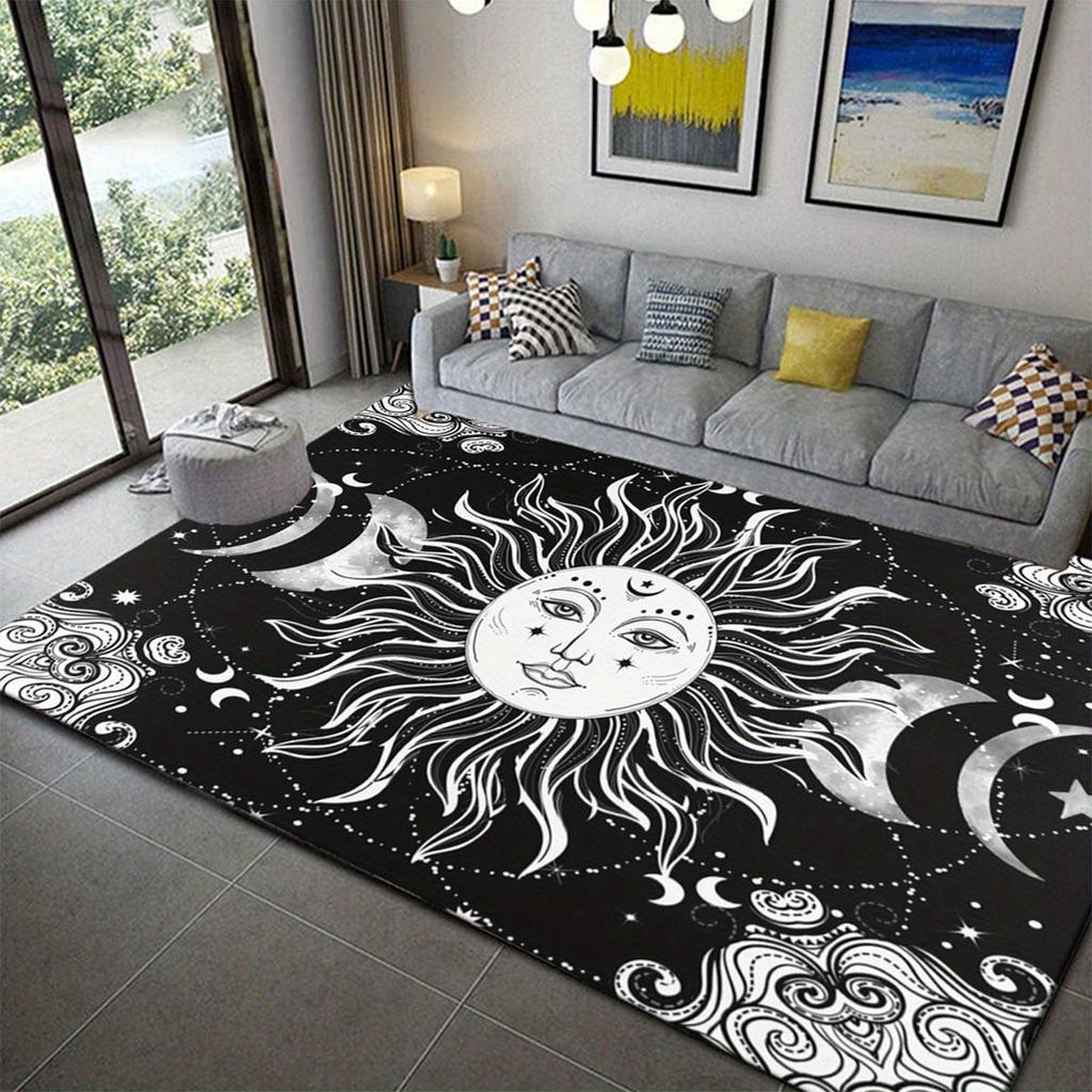 Soft 3D Sun and Moon Area Rug - Large, Non-Slip Polyester Mat with Mushroom & Skull Design for Living Room and Bedroom Decor