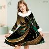 Girls Black Printed High Neck Long Sleeve A Line Flared Dress With White Fur Trim