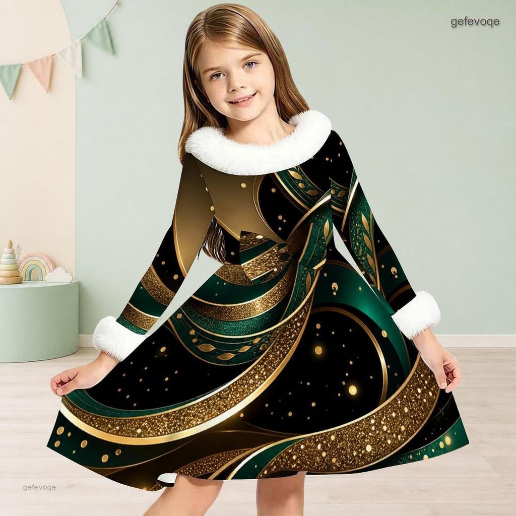 Girls Black Printed High Neck Long Sleeve A Line Flared Dress With White Fur Trim