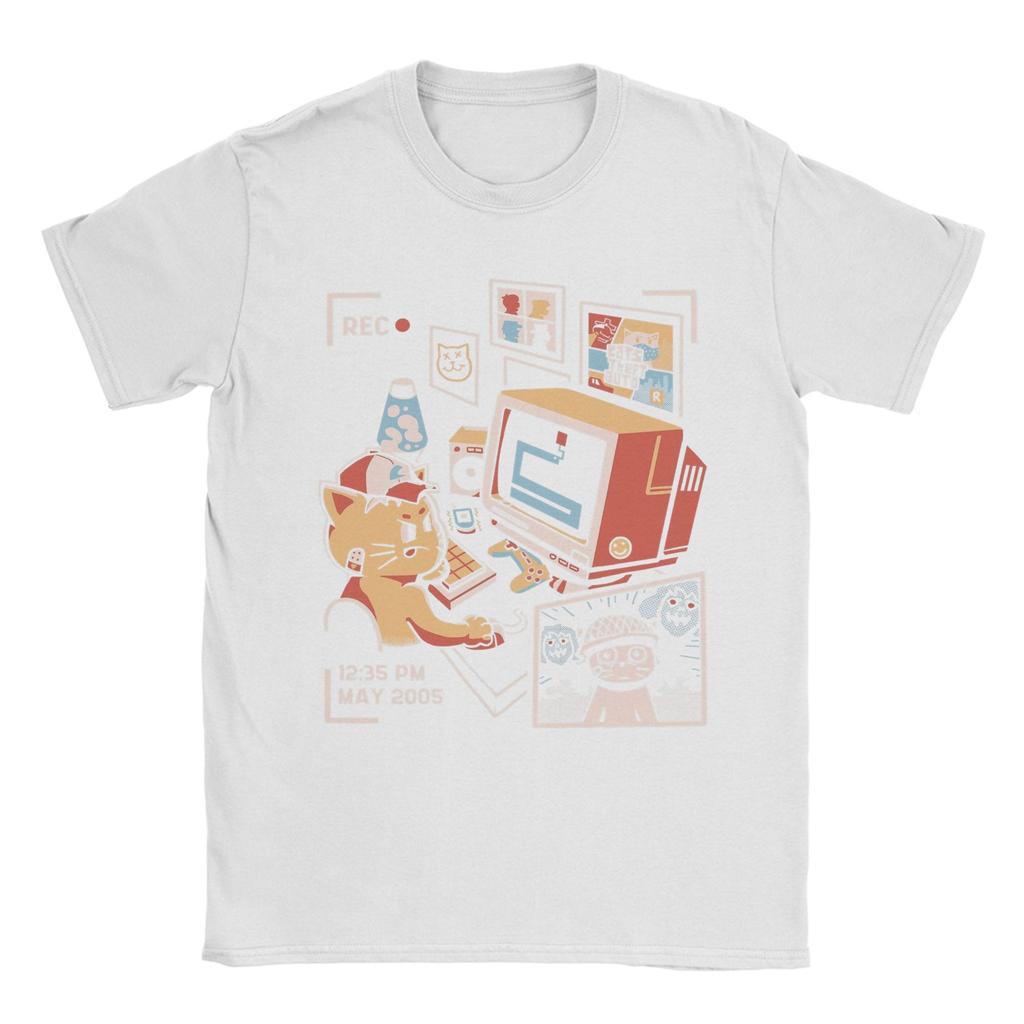 Cat Playing Computer Games T Shirt Men's 100% Cotton Funny T-Shirts Crew Neck Tees Short Sleeve Clothing Plus Size