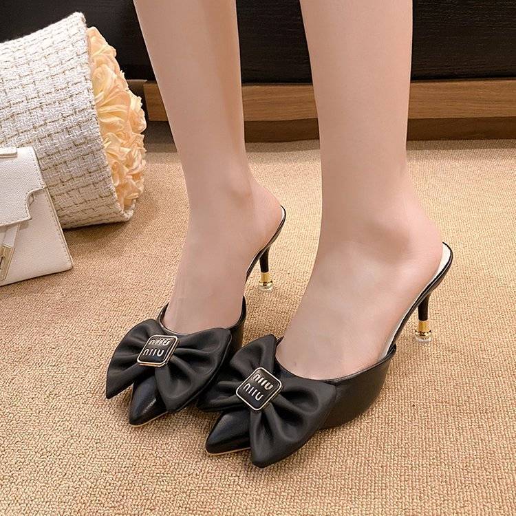 Bow High-heeled Sandals Pointed-toed Thin-heeled Mueller Shoes Women's Fashion Outer Wear 2025 Summer Internet Celebrity Bag Head Half Slippers