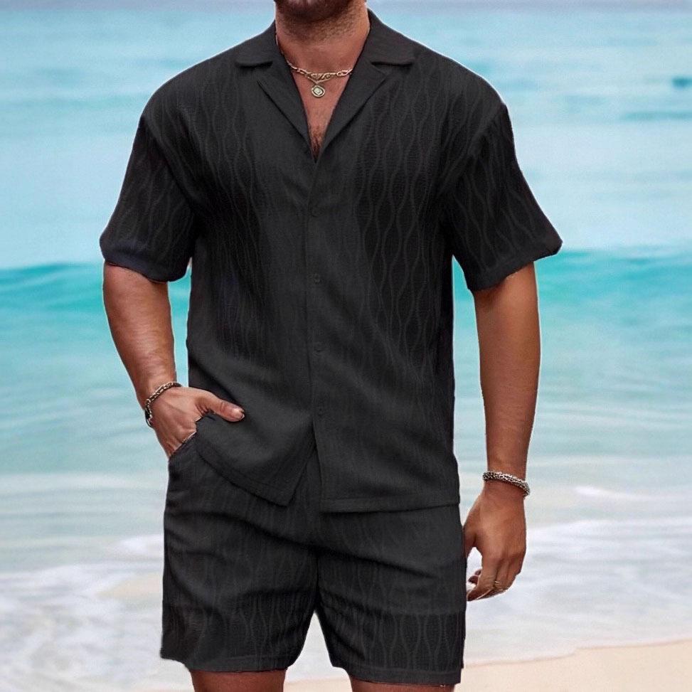 

Мужской летний повседневный комплект с коротким рукавом, рубашка и шорты, жаккардовый дизайн в виде волн, пляжный наряд M чёрный