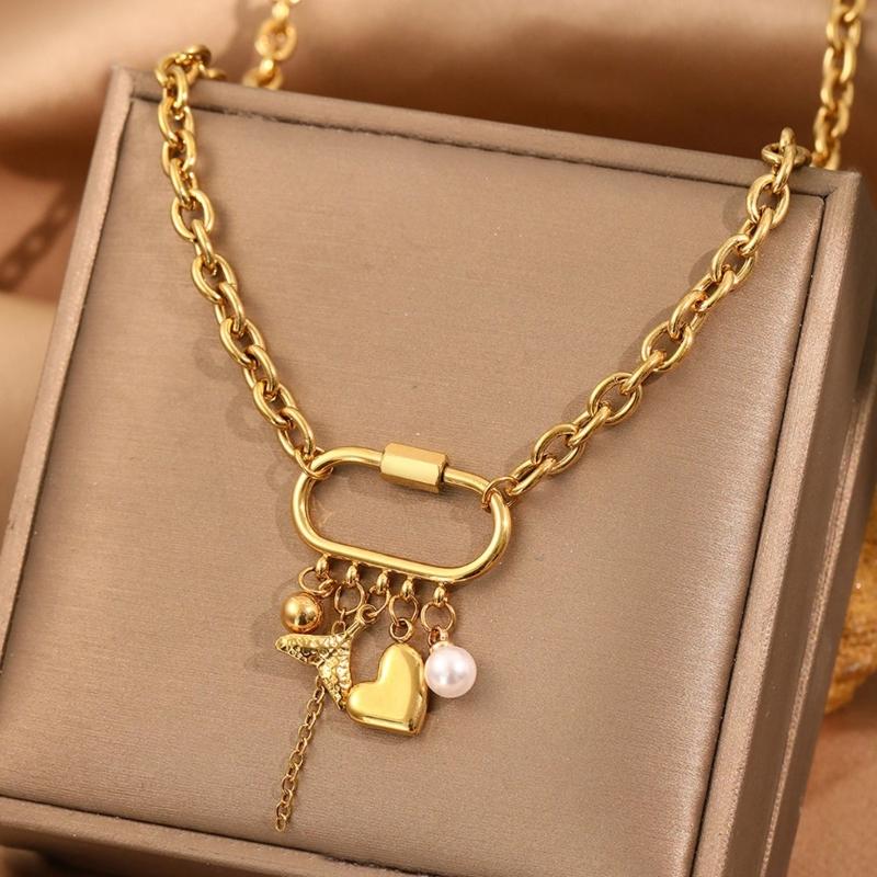 Vintage Multi Accent Pendant Necklace Adjustable Stainless Steel Chain Lightweight Versatile Jewelry For Women