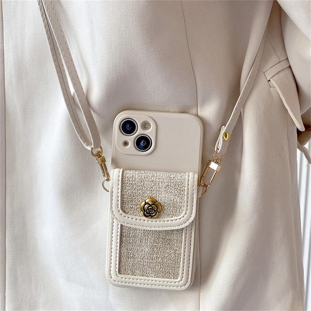 3D Camellia Flower Leather Card Bag Crossbody Lanyard Soft Case For For Iphone 16 1 14 Pro Max 13 12 11 X XS XR 7 8 Cover