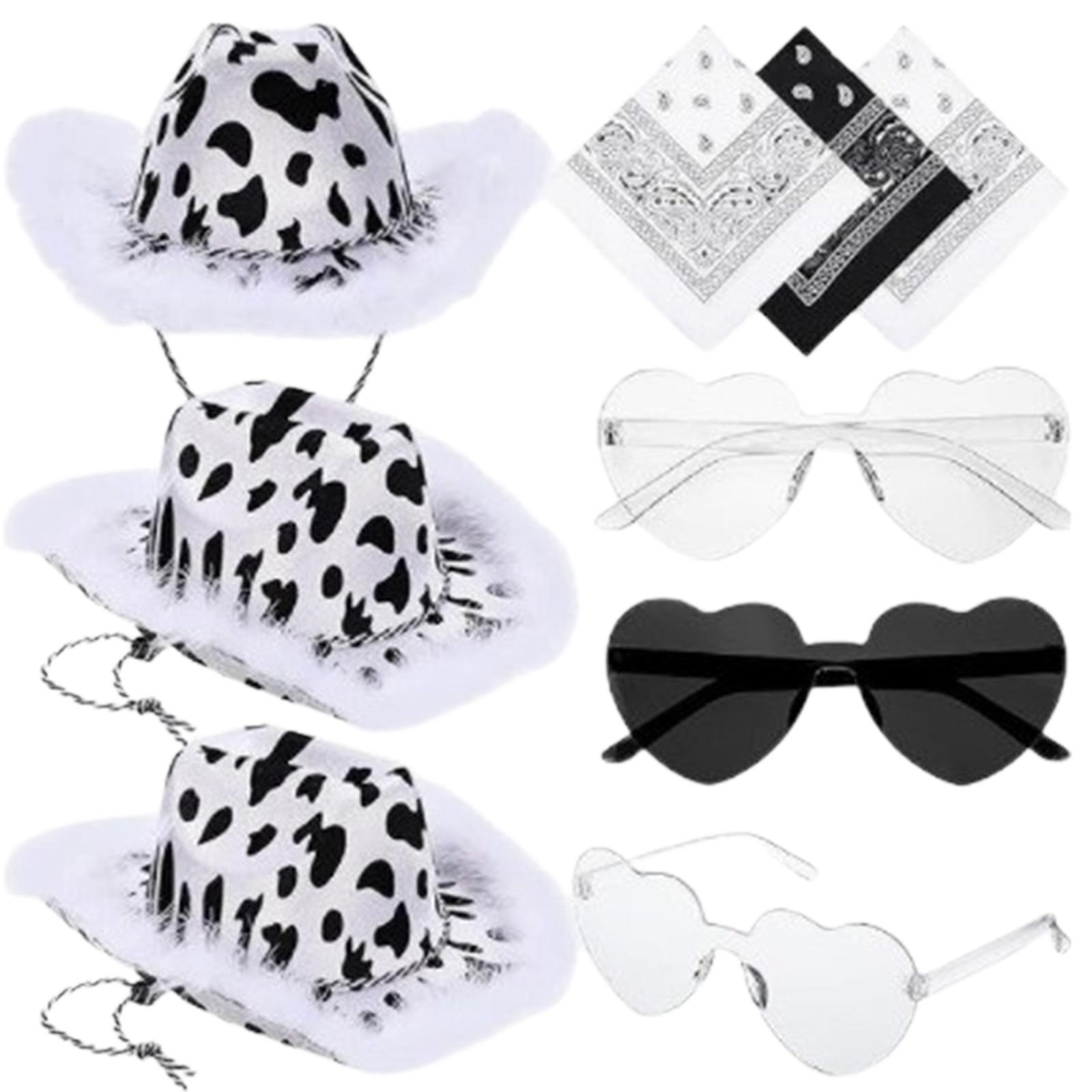 

9set/pack Adult Heart Sunglasses+Cashew Kerchief+Cowboy Hat Set Carnival Sunproof Adult Cowboy Hat with Cow Print A