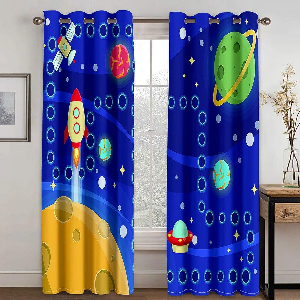Kids Space Curtains Galaxy Rocket Astronaut Starry Art Printed for Boys Bedroom Playroom Nursery Decor