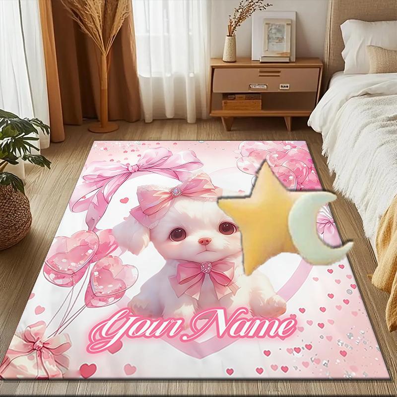 1PC Custom Name Pink Bow Puppy Love Theme Floor Mat Ideal for Living Room, Game Rooms, Office, Bedroom,Floor Mat Playful Design