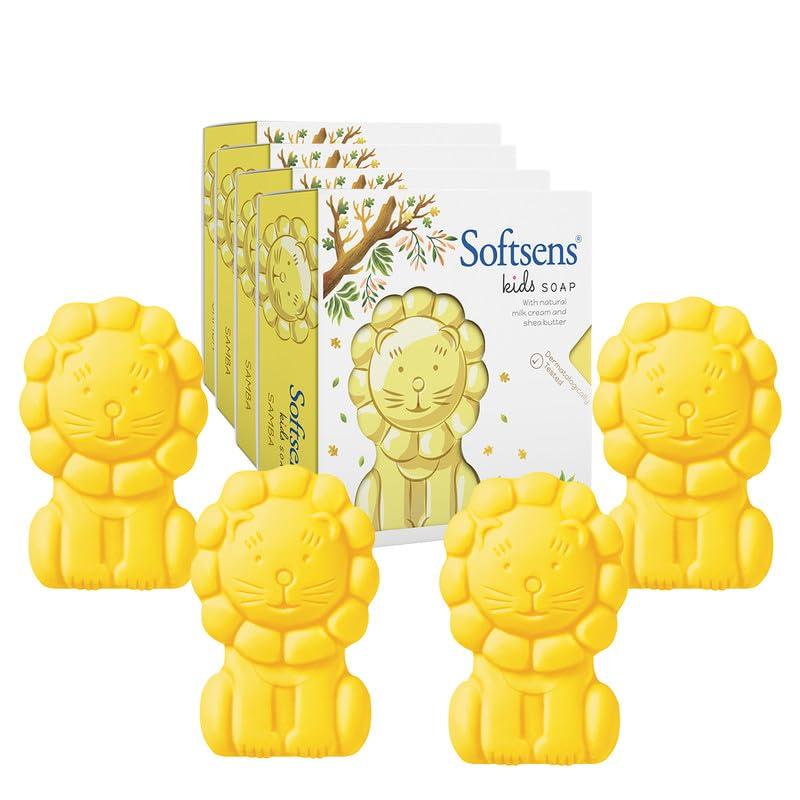 Softsens Kids Soap Samba 350g (Pack of 4) Gentle Nourishing Shea Butter & Milk Cream Animal Shape Bar For Toddlers 2-10 Years