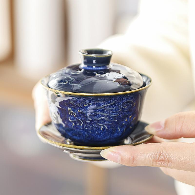Kiln change cover bowl Kung Fu tea set, a complete set of household ceramics, teapot, teacup, business gifts for customers