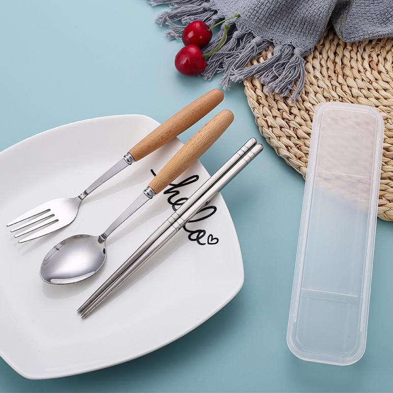 Wooden-Handled Cutlery Set Stainless Steel Spoon Fork And Chopsticks Set Three-Piece Cutlery Box Set