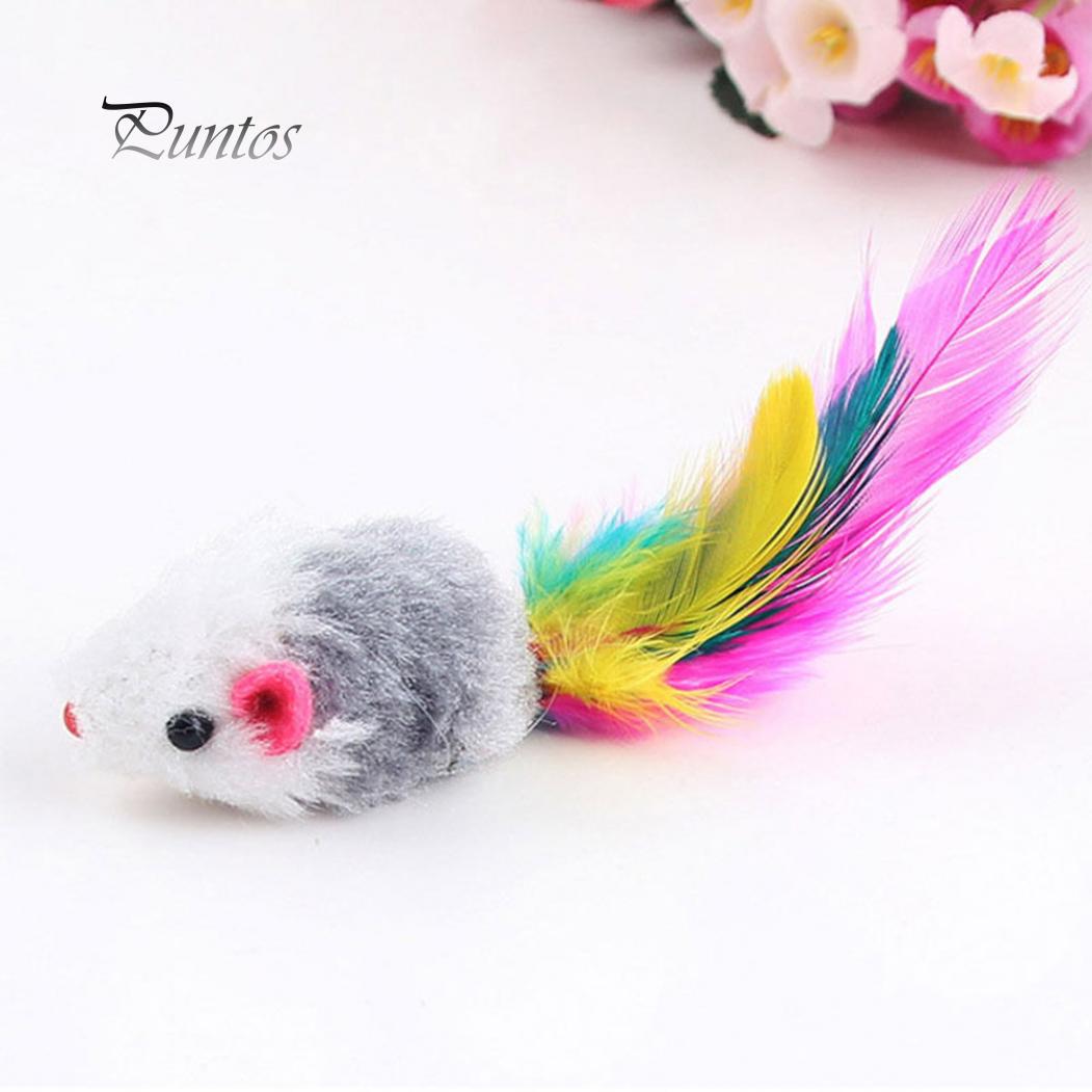 Флисовые мышки с хвостом из натуральных перьев для кошек. 10 штук в упаковке — фото 3