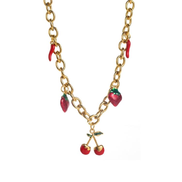 

Vibrant Red Fruit Charm Necklace Titanium Steel Adjustable Chain Lightweight Comfortable For Daily Outfits