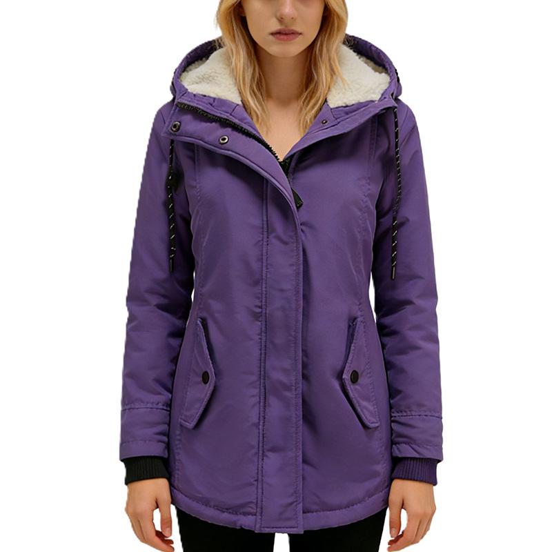 Women's Hooded Cotton Jacket with Plush Lining - Medium Long Style for Autumn/Winter