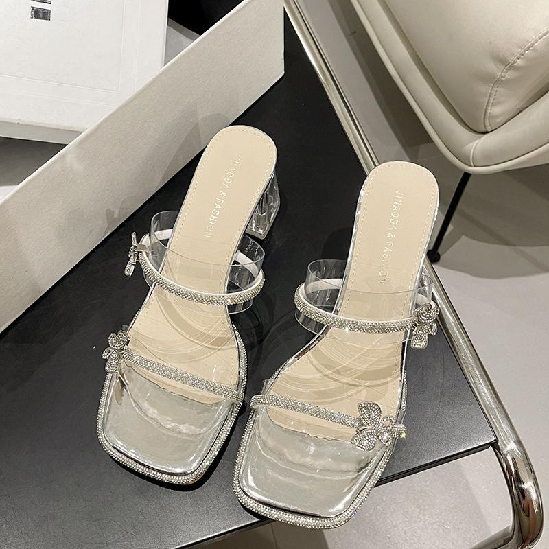 High-heeled slippers for women's summer wear new transparent rhinestone one-word slippers crystal thick-heeled cool slippers